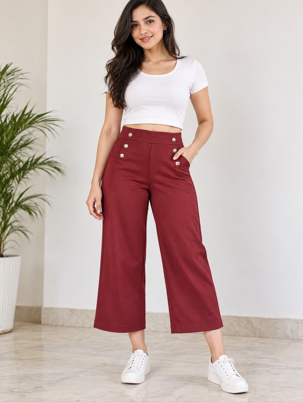 Jules & Leopold Burgundy Wide-Leg Button Accent Ponte Cropped Pants